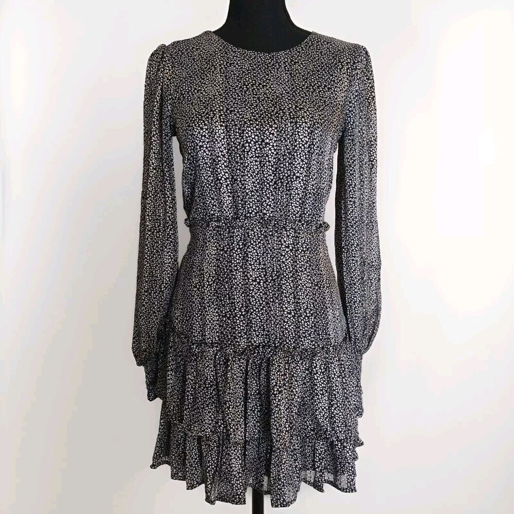 Lulus Dress XS Tiered Long Sleeved Navy Blue Floral Metallic Style #IDH78269